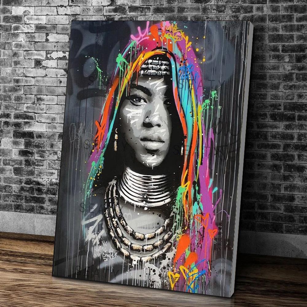 Ethnische Leinwandkunst, Frauen-Wand-Leinwand-Ölgemälde, ethnisches afrikanisches buntes Porträt, Straßen-Graffiti, Vintage-Poster, Drucke, Figur, Wanddekoration, ästhetisch