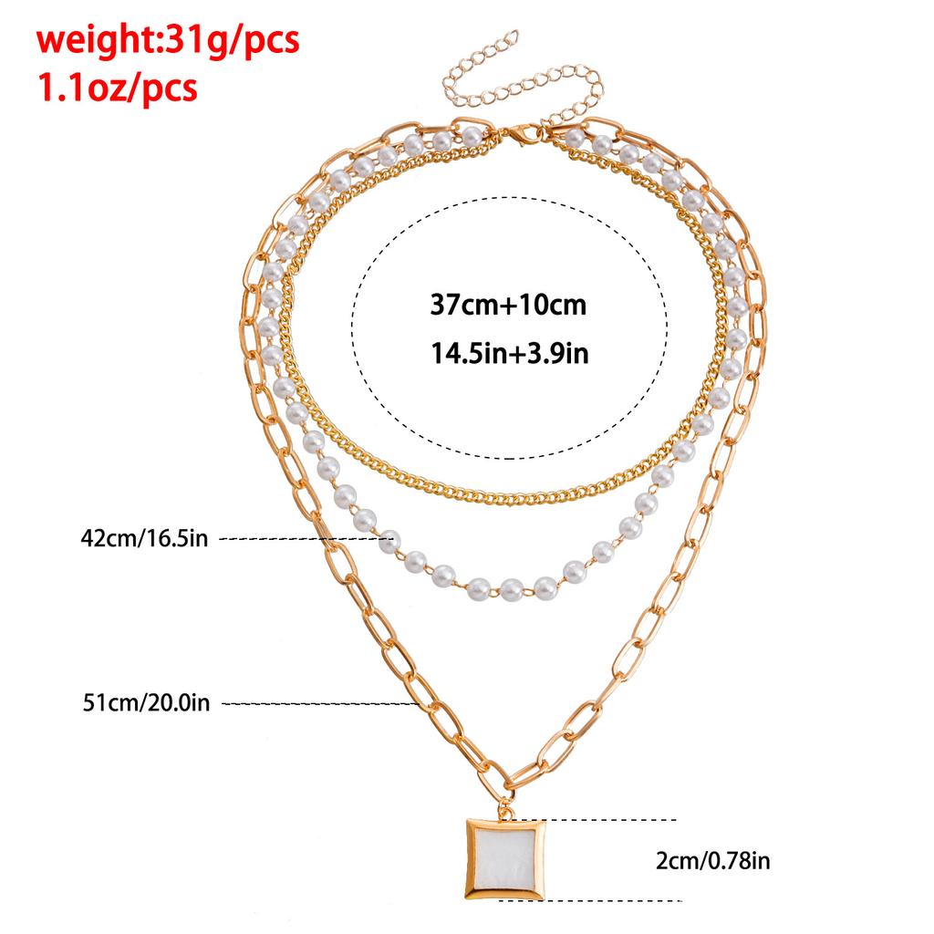 Versatile imitation pearl chain multi-layer necklace, simple retro square fritillary pendant necklace