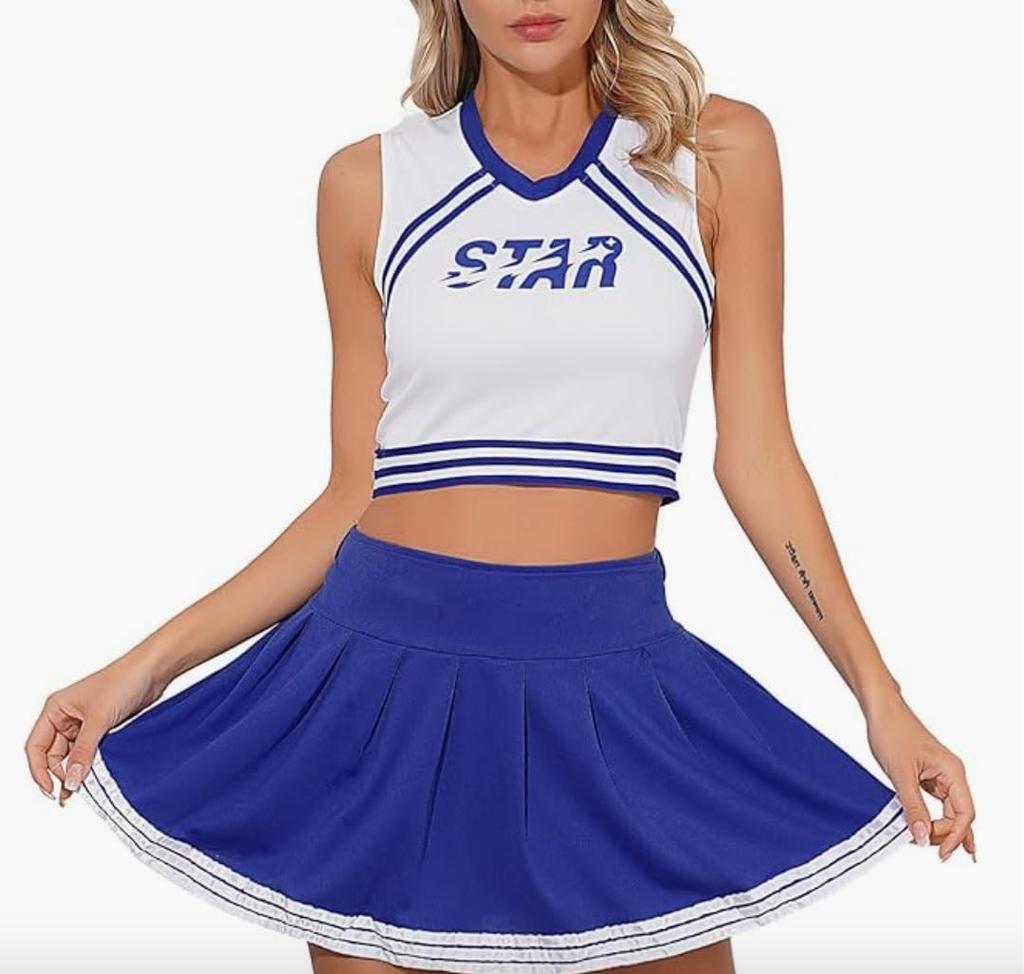 Lady Lazy Cheerleader Perfect for and Blue Costume, Miniskirt, Midriff-Baring, Photoshoots, Cosplay, Cross-Dressing, Cute, Short, Above-the-Knee,