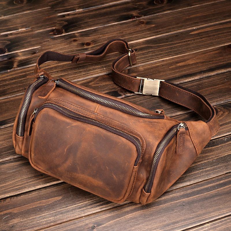Neue große Bauchtasche aus echtem Leder, lässig und modisch für Herren, mit geschichtetem Rindsleder und Retro-trendiger Einzel-Schulter-Crossbody-Tasche