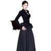 Elegant Plus Size Black Long Sleeve Chinese Style Curvy Dress with Waist-Cinched Bud Skirt - Autumn Collection