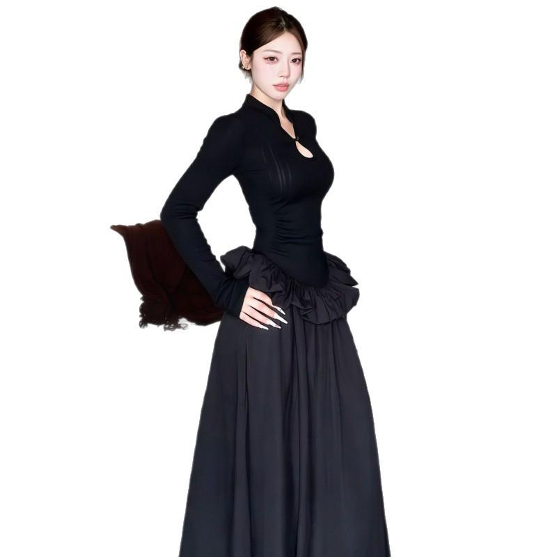 Elegant Plus Size Black Long Sleeve Chinese Style Curvy Dress with Waist-Cinched Bud Skirt - Autumn Collection