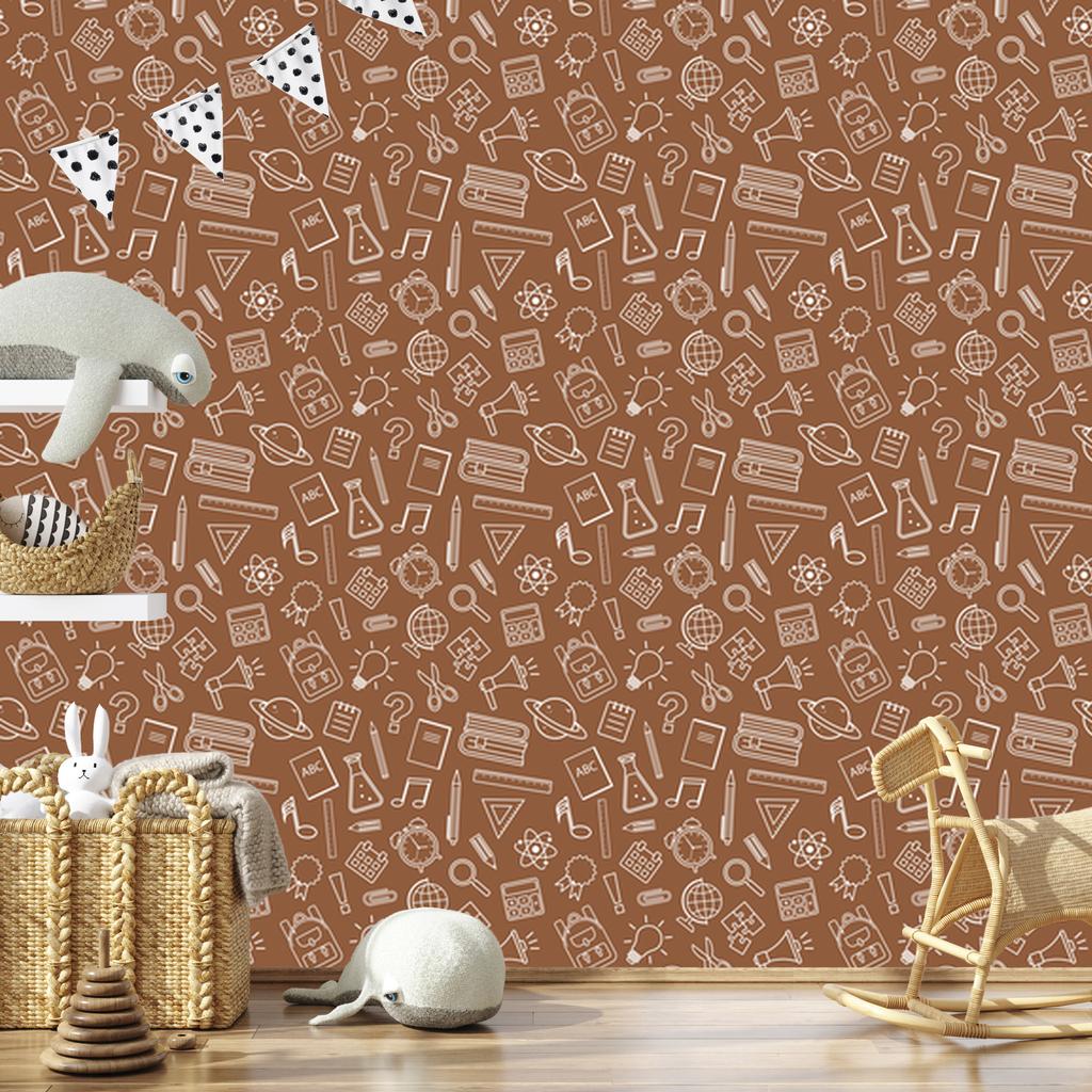 School Supplies Wallpaper Orange and Beige for Living Room and Bedroom 50x1000