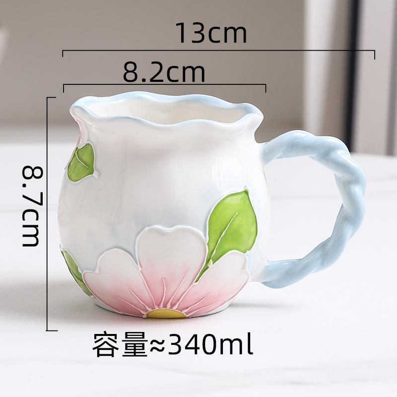 

Hand-painted Relief Three-dimensional Flower Ceramic Coffee Cups and Saucers Creative Home Cup Table Decoration Drinkware 340ML