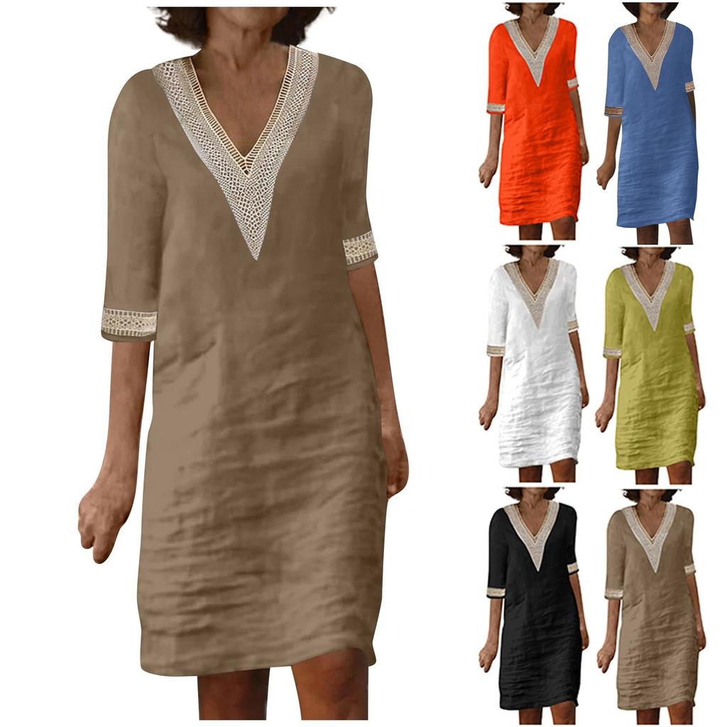Women's Solid Color V-Neck Lace Medium Sleeved Cotton Linen Casual Dress
