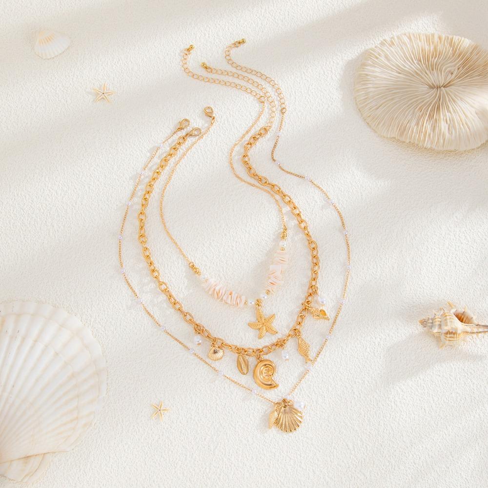 Necklace Set Starfish Conch Necklace Boho Multilayer Clavicle Chain Shell Pendant Choker  Summer