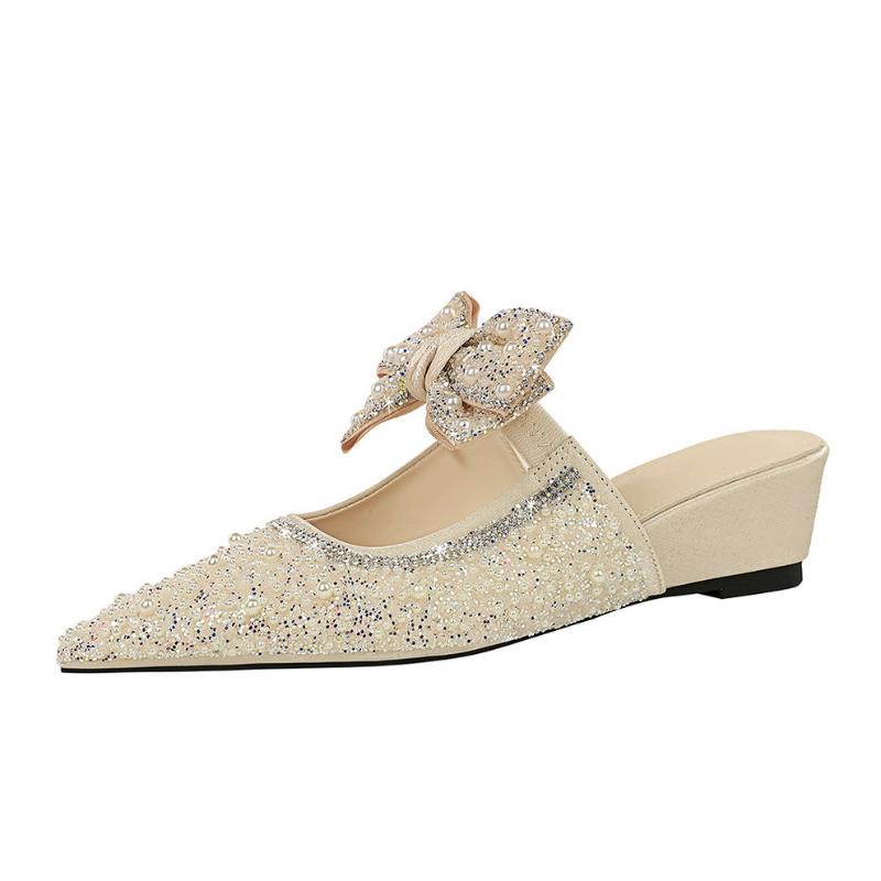 French Fairy Style Bow And Pearl Rhinestones Tow With Heads For Women Wearing High-End Temperament And Women's Shoes Fashionable