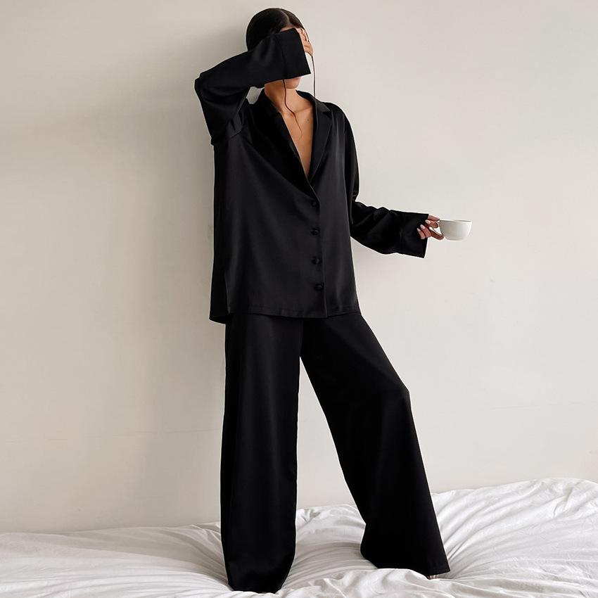 Women's Satin Silk Sleepwear Low Cut Sexy Home Clothes Pajamas Single Breasted Long Sleeves Wide Leg Pants Trouser Set