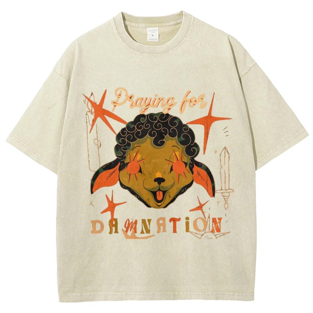 Cool Devil Sheep T Shirts Unisex Washed Tees Men Women Oversized Short Sleeve T-shirt Cotton Streetwear Graphic T Shirt