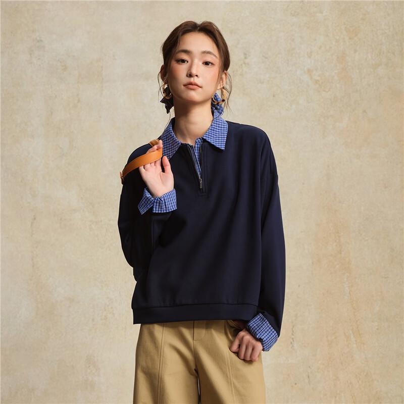 Giordano Designer Faux Two-Piece Plaid Lapel Sweatshirt