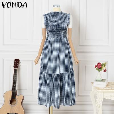 Oversized Women Collarless Ruffled Sleeveless Plaid Print Casual Long Pleated Dress