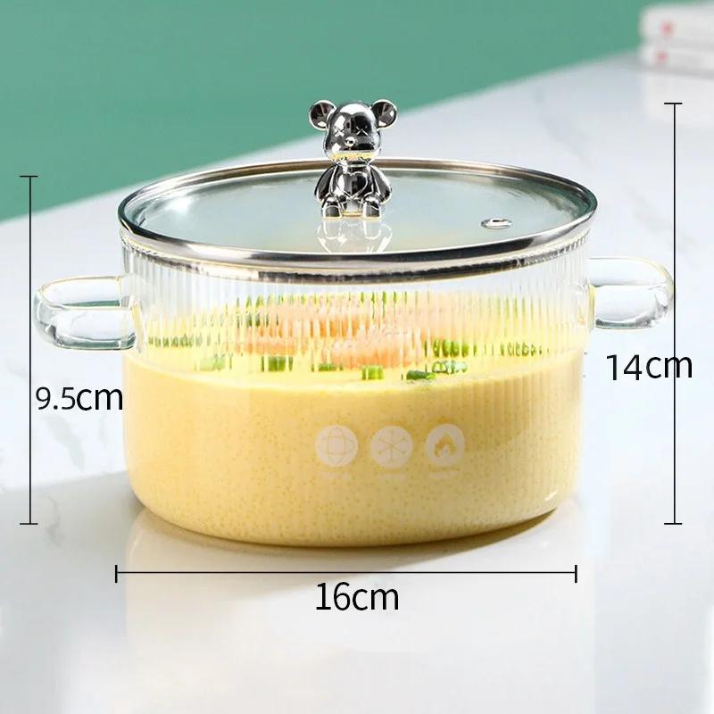 1Pcs Household Instant Noodle Bowl with Cover Small Bear Soup Bowl High Borosilicate Glass Salad Bowl Double Ear Glass Pot