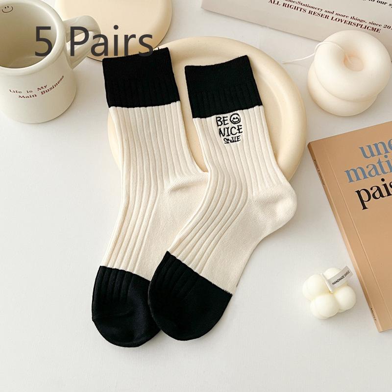 

5 пар женских носков-гольфов нового стиля, сочетающихся по цвету, с вышивкой букв 5 Pairs кремовый