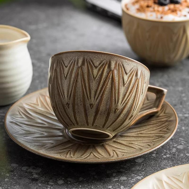 220ml Kiln Transmutation Glaze Craft Retro Design Tea Cup Coffee Cup and Saucer, Art Ceramic Coffee Cup for Latte,Espresso,Cappuccino,Microwave Safe
