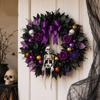 Halloween Front Door Wreath, Artificial Floral Wreath with Black Purpler Leaves Hanging Decoration for Front Door Entryway Wall
