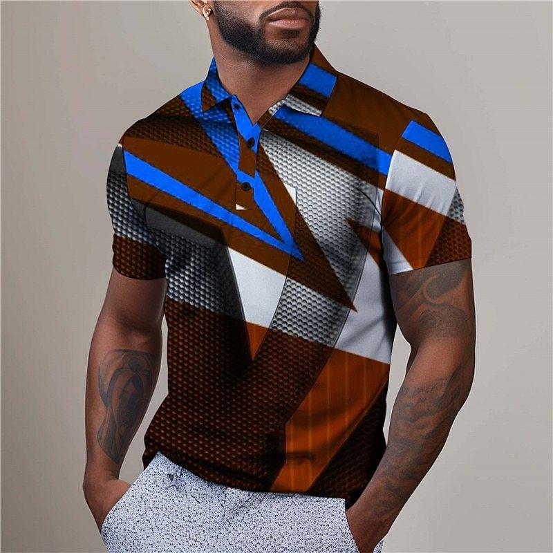men polo shirt short sleeve stripe 3d print tops fashion polyester breathable comfortable polos shirts