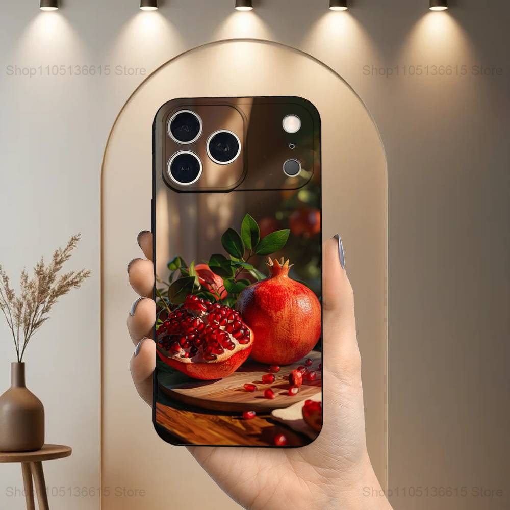 Tasty Fruit Pomegranate Case For iPhone 11,12,15,14,13,16,17,Plus,Pro Max,XS,X,XR,SE,Mini,8,7,Soft Silicone Black