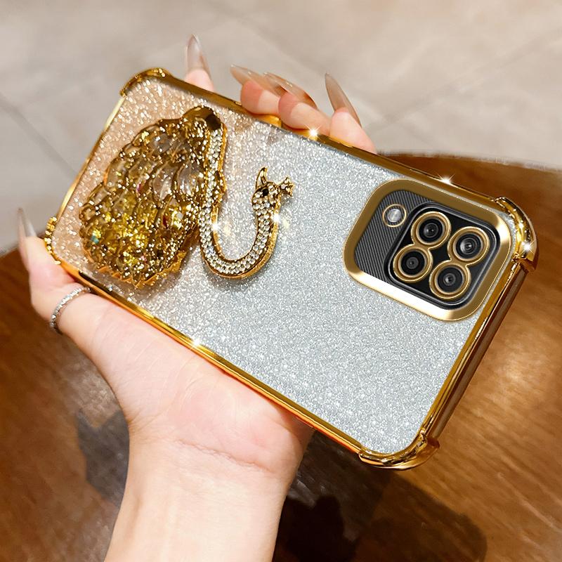 KEYSION Shockproof Plating Phone Case for Samsung A12 A22 4G Clear Soft TPU Glitter Jewelled Swan kickstand Back Cover for Galaxy M12