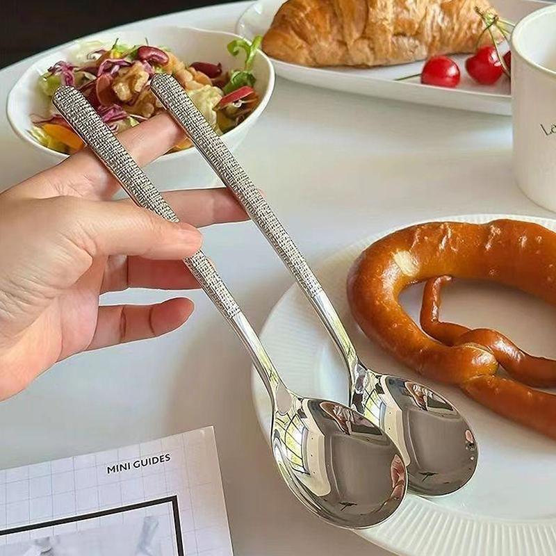 1/2Pcs Stainless Steel Round Spoon Net Red Dinner Long Handle Stirring Dessert Spoons Korean Spoon For Kitchen Accessories