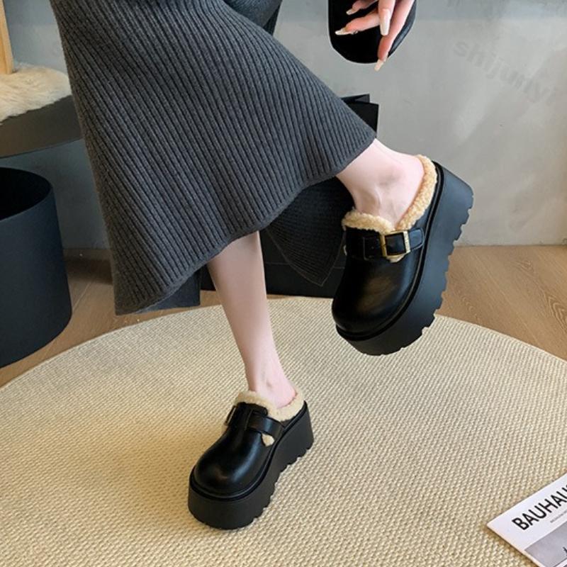 Women Platform Cotton Slippers Winter New Height Increase Plush Thicken Half Slippers Fashion Buckle Strap Comfort Casual Shoes