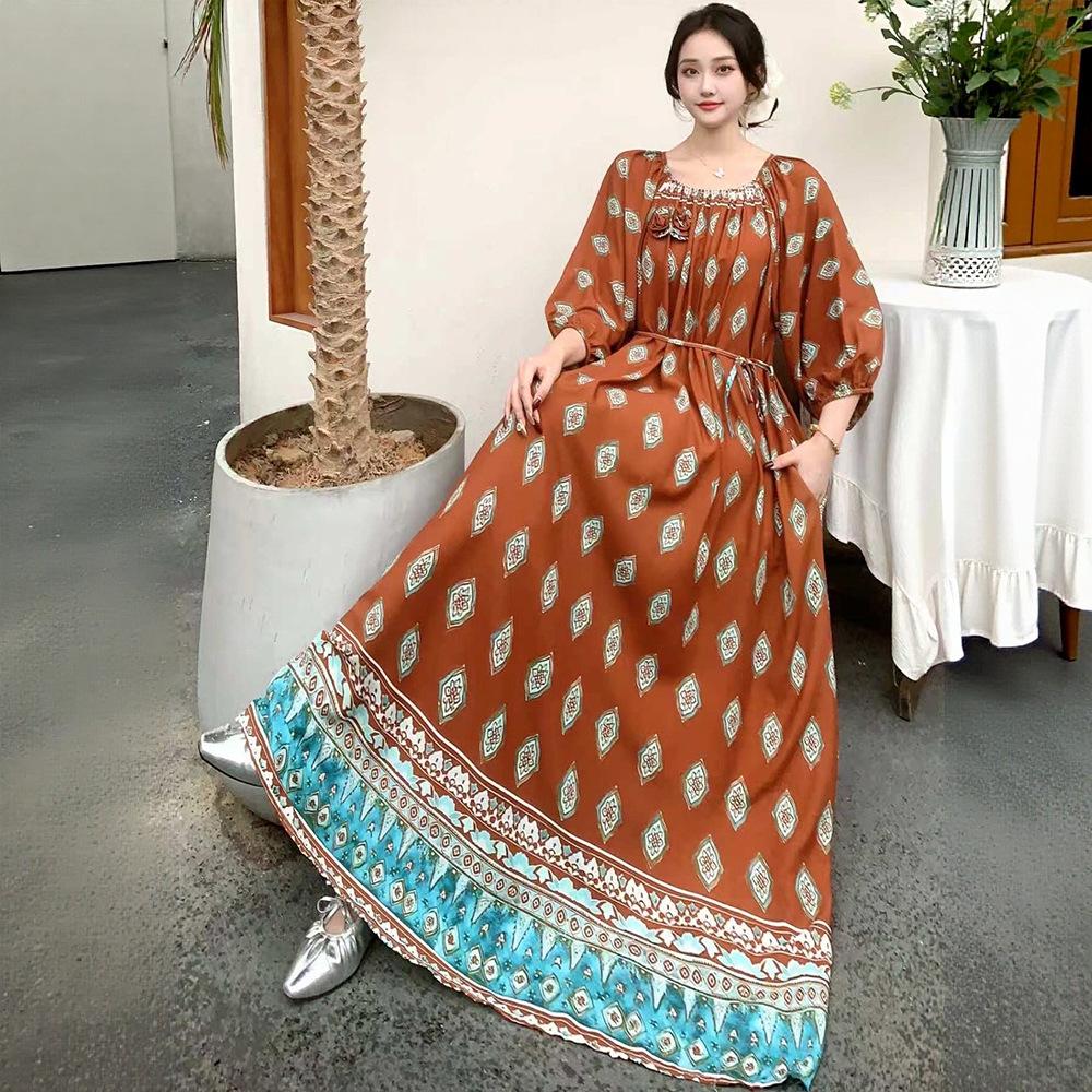 Fattened extra large size floral long-sleeved dress 100kg fat girl long dress one-word shoulder loose maternity dress