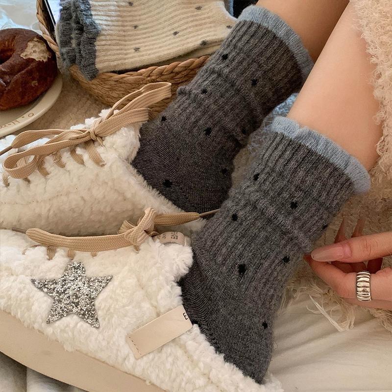 Autumn And Winter Women'S Thick Dopamine Warm Mid-Calf Socks With Lace And Polka