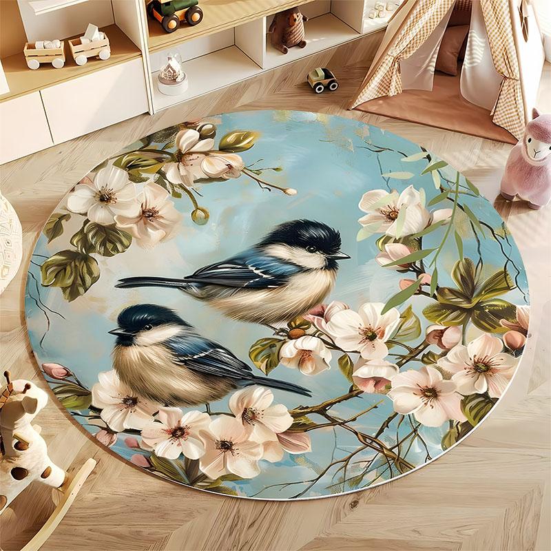 Free Shipping! Charming Birds and Blossoms Round Rug for Living Room Decor Round Carpet for Home Sofa Bedroom, Gift