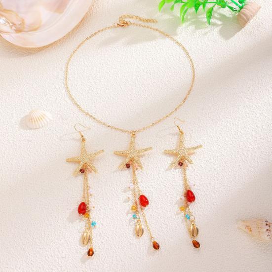 Bohemian Sea Star Shell Jewelry Set Beach-Inspired Necklace Earrings with Rhinestone Tassels Elegant Gift for Women Summer Beach Jewelry