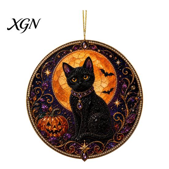 Precious Memory Commemorative Black Cat Pearl Diamond Art Painting Ornament, 2D Flat Acrylic Valentine Day Romantic Present Hanging Suncatcher, Beaded