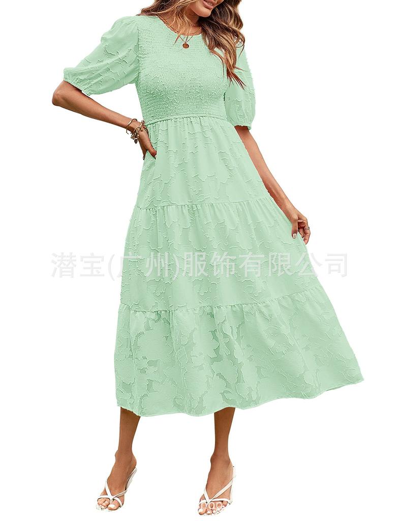 Spot new European and American women's clothing lace short sleeves front and rear collection waist crew neck dress women