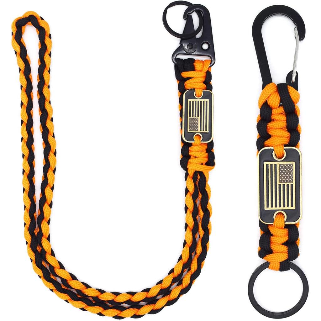 2 Pcs Heavy Duty Paracord Lanyard Necklace 550 Braided Keychain with USA Flag Parachute Rope for Outdoor Camping Hiking Keys