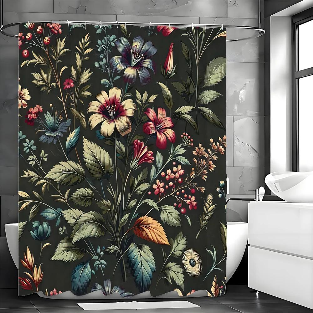 Zasłona Prysznicowa w Kwiaty, Rośliny Kwiatowe, Zielone Tło Dekoracyjna Zasłona Prysznicowa do Łazienki, Wodoodporna Zasłona Prysznicowa z Haczykami