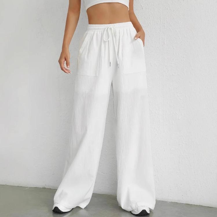 Summer New Women Casual Solid Color Drawstring Straight Leg Slightly Flared Pocket Sport Pants