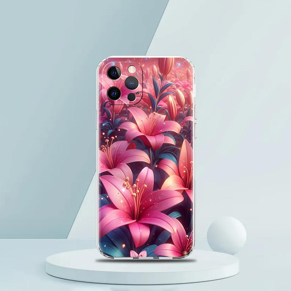 Soft TPU Transparent Phone Case Cover for iPhone 16 15 14 13 12 11 Pro Max XR 8 7 Plus XR Shell Realistic Lily Flower Print Bags