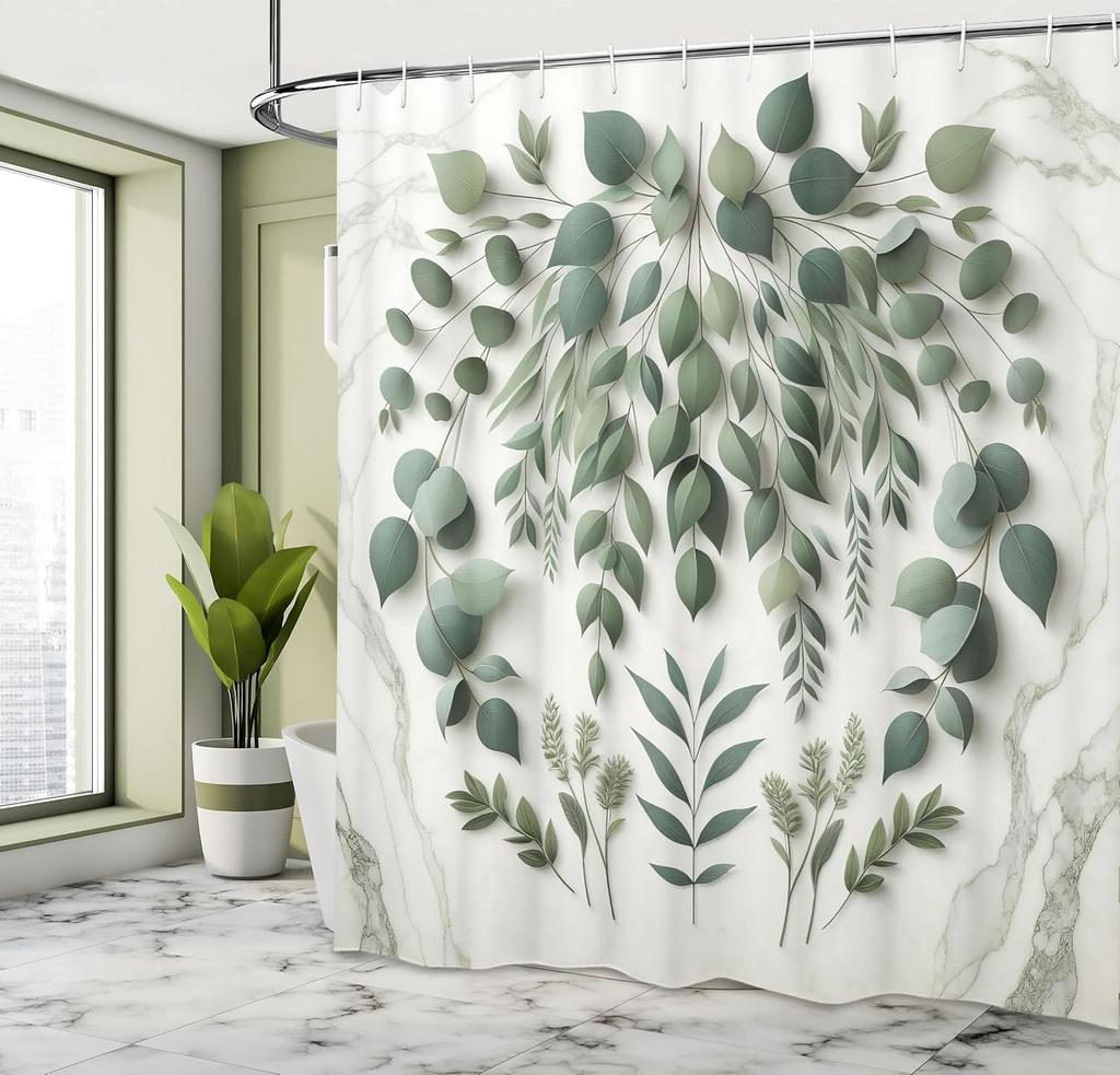 Eucalyptus Leaves Shower Curtain, Modern Weeping Wreath Look Branches On Simple Marble Print, Cloth Fabric Bathroom De