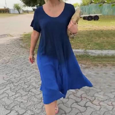 Damen Midikleid O-Ausschnitt Kurzarm Farbverlauf Midikalb Kleid Lässig Lockere Passform Weicher Leichter Stoff Kleid