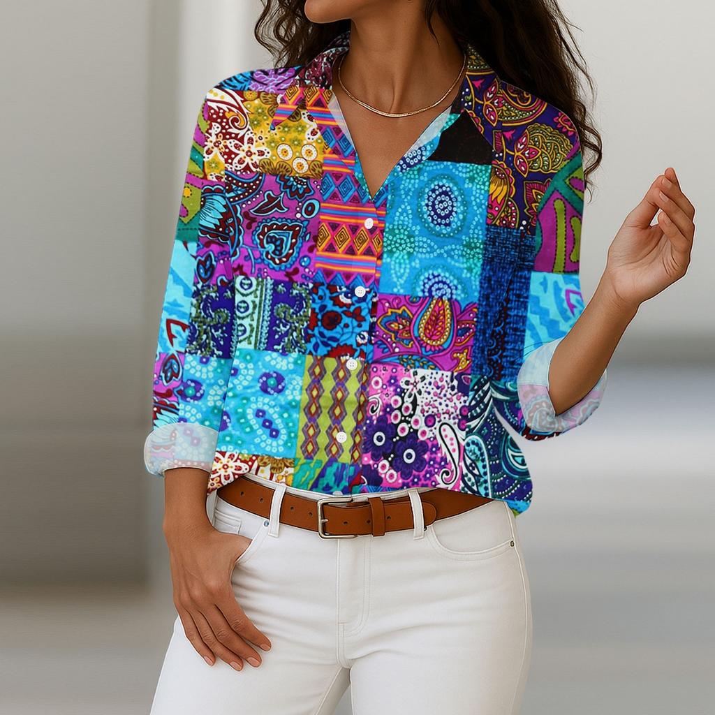 Women's Shirt With Floral Print Buttons, Long Sleeved Casual Regular Shirt  Blouses Casual Plus Size Basic Tops