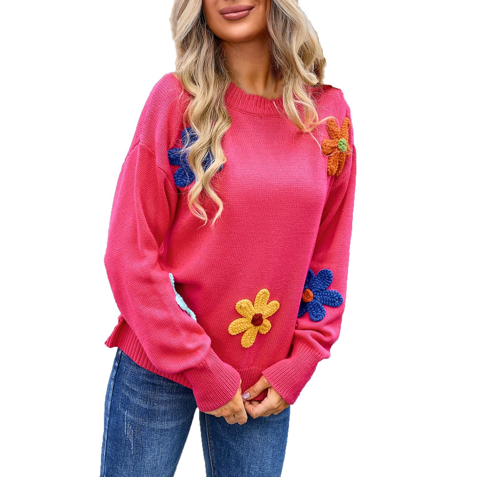 

Женский повседневный модный удобный пуловер с круглым вырезом контрастного цвета с цветочным принтом и длинным рукавом уличный тренд вязаный свитер S