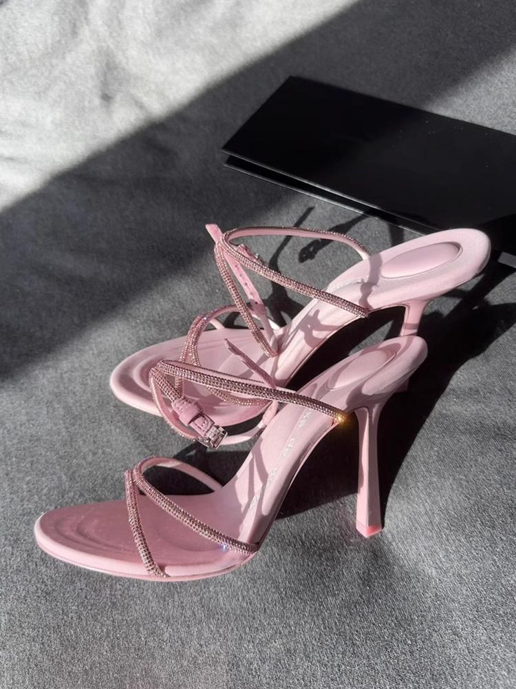 2024 Summer New High Heels Women's Temperament Rhine-diamond Cross-band Hollow Sexy Pointy Thin Heel One-line Strap Sandals