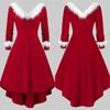 Women Ladies Christmas Asymmetrical Faux Fur Panel Red Retro Fancy Dress Gown Stylish Flowy Maxi Dress For Festive Occasions