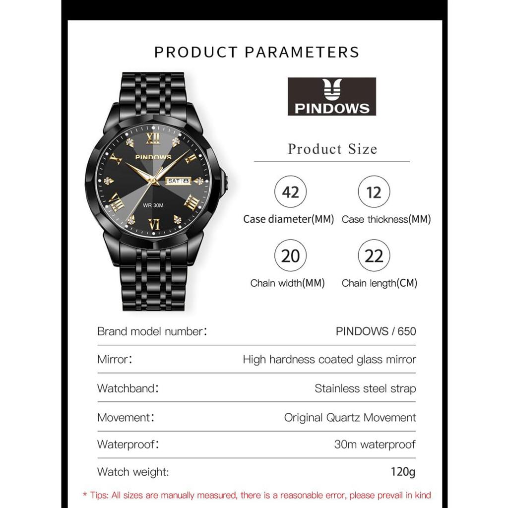 PINDOWS Luxury Business Dress Watch with Analog Quartz Water Luminous Date and Stainless Steel Band for a Classic Business Casual Style Men's