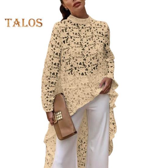 Dámská dlouhá top s výřezem, nepravidelná háčkovaná krajka, květinový patchwork, průsvitná krátká přední a zadní halenka s polovičními výstřihem a dlouhým rukávem