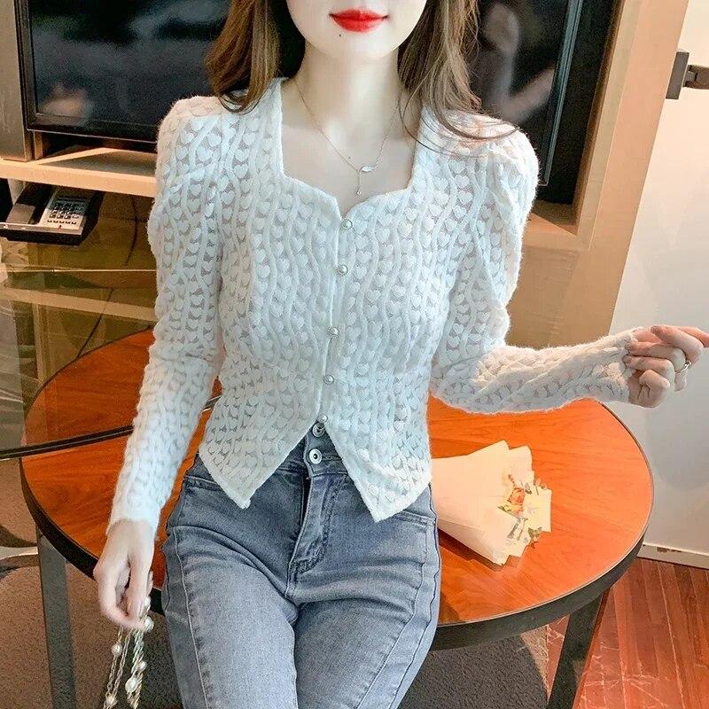 Fashion Long Sleeve Lace Blouse Women Autumn Striped Bottoming Tops Woman Button Up Lace Shirt Women Elegant Clothes 30025