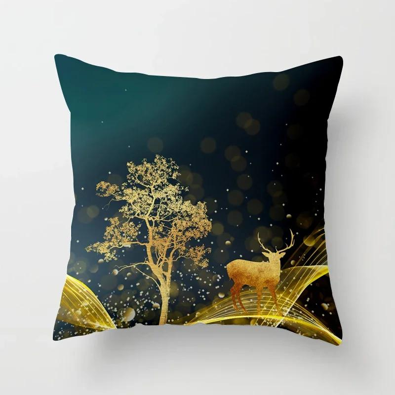 Black Gold Drawing Leaf Elk Tree Bird Butterfly Printed Square Pillowslip Polyester Cushion Cover Pillowcase Living Room Home
