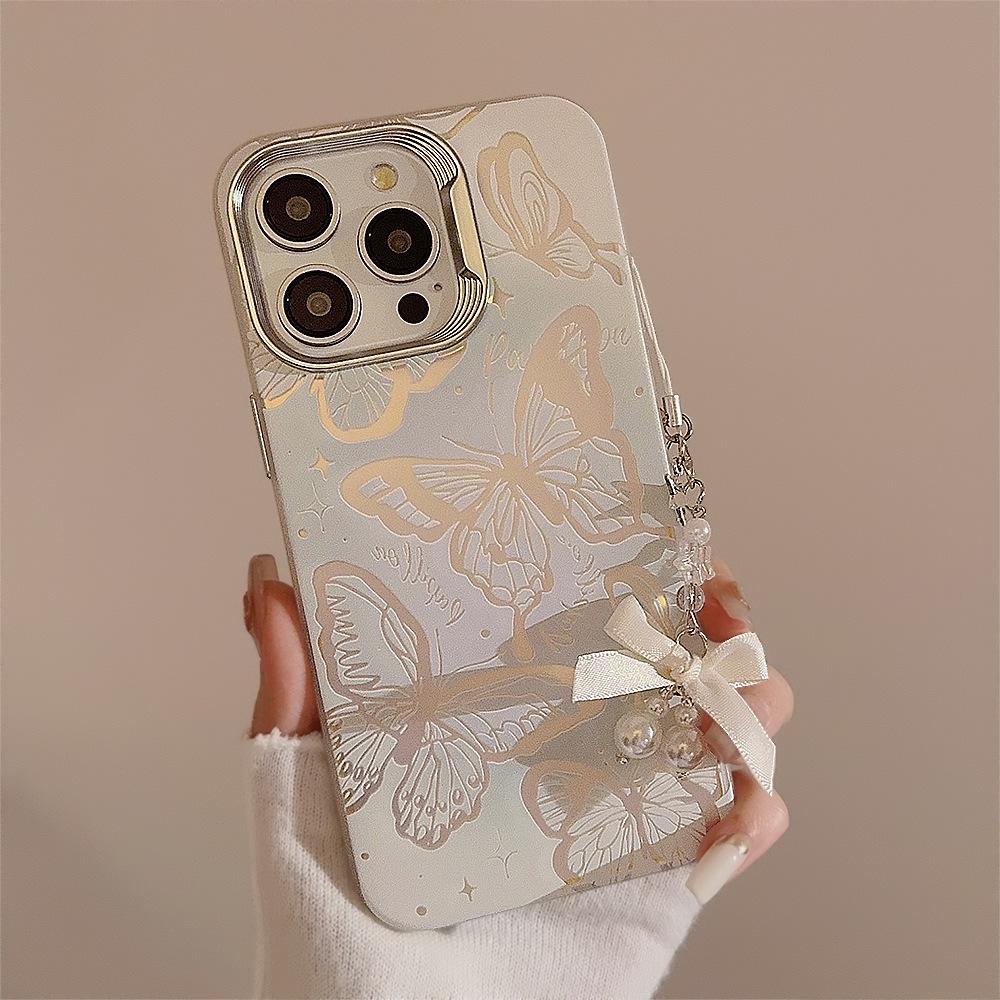 Blue Butterfly with Hanging Chain Suitable for Apple 15Pro Max Mobile Phone Case Iphone13 Laser 14 Super Fairy 16