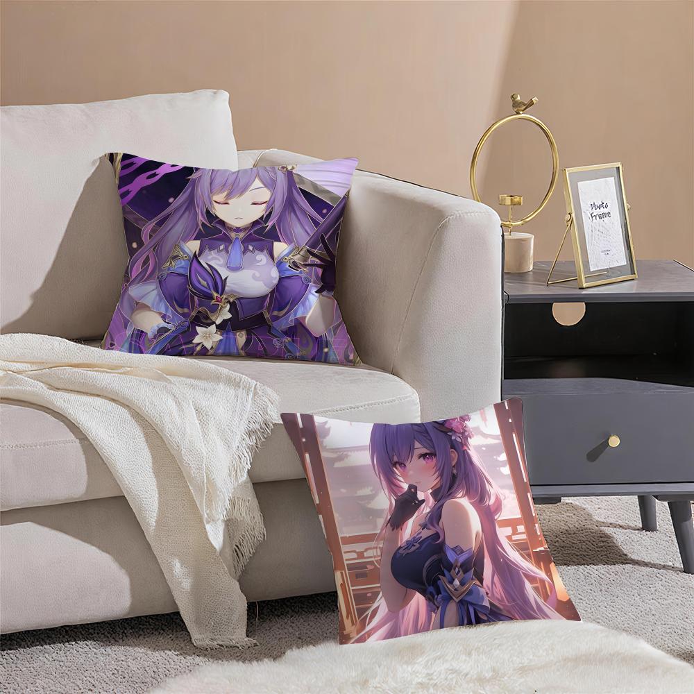 Game Genshin Keqing Cushion Cover Pillowcase Short Plush Invisible zipper Room Sofa Cushion Cover
