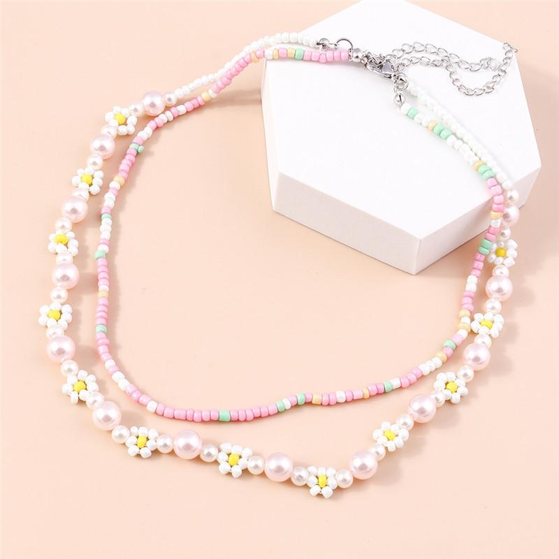 Summer Boho Korea Lovely Flowers Seeds Beaded Necklace Statement Short Collar Choker Necklace for Women Vacation Jewelry Gifts