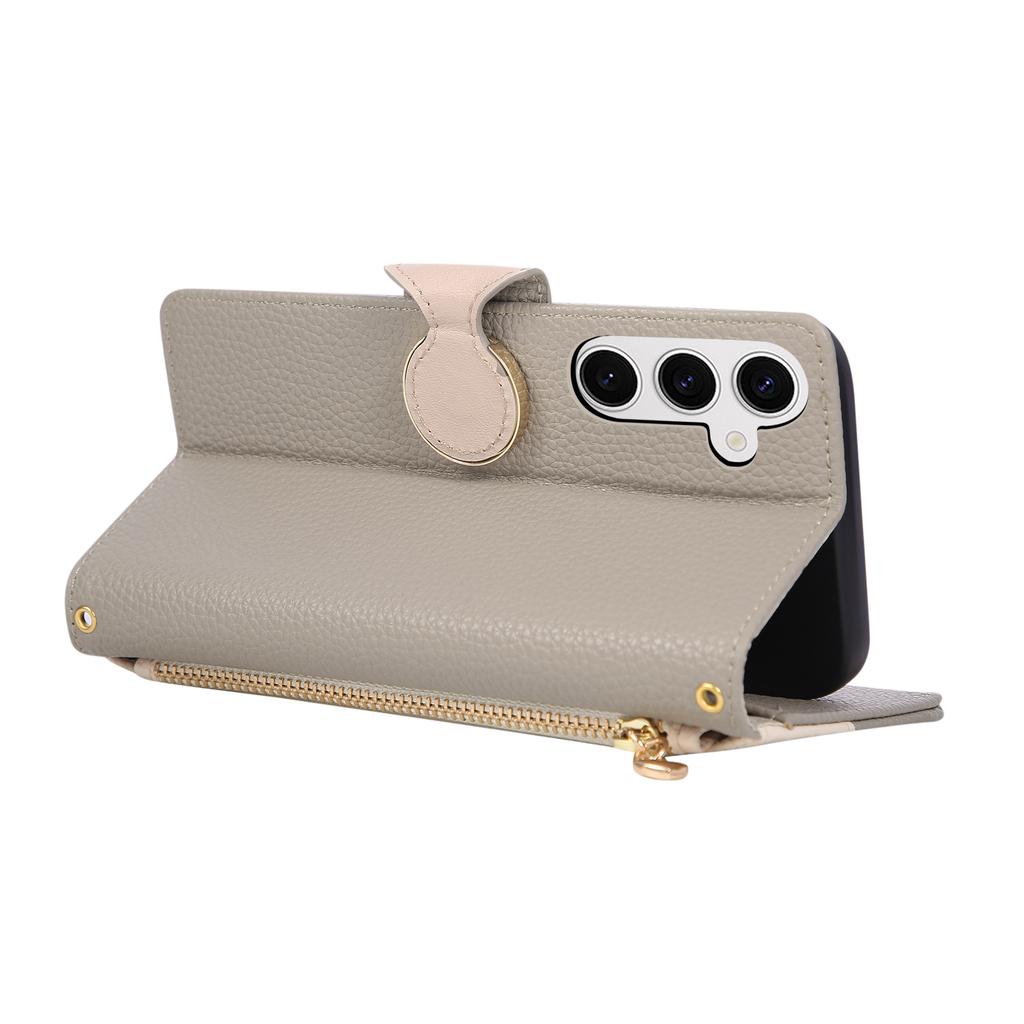 For Samsung Galaxy S25 FE Case Zipper Wallet Color Splicing TPU PU Leather Flip Phone Cover with Strap