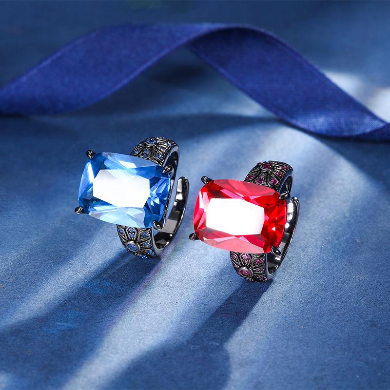 Jewelry Copper Bottom Plated Black Gold Retro Simulation Red Corundum Blue Spinel Personality Ring Heroine Stone 12 * 16