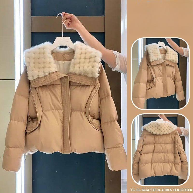 Pluss Størrelse Lat Stil Stor Pelskrage Vattert Dun Bomullsjakke Dame Vinter Kort Løs Jakke
